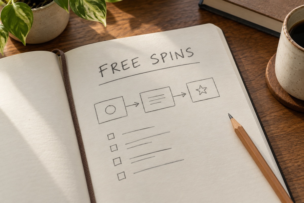 สมุดบันทึกหัวข้อ Free Spins พร้อมแผนภาพขั้นตอนสำหรับศึกษาคำศัพท์